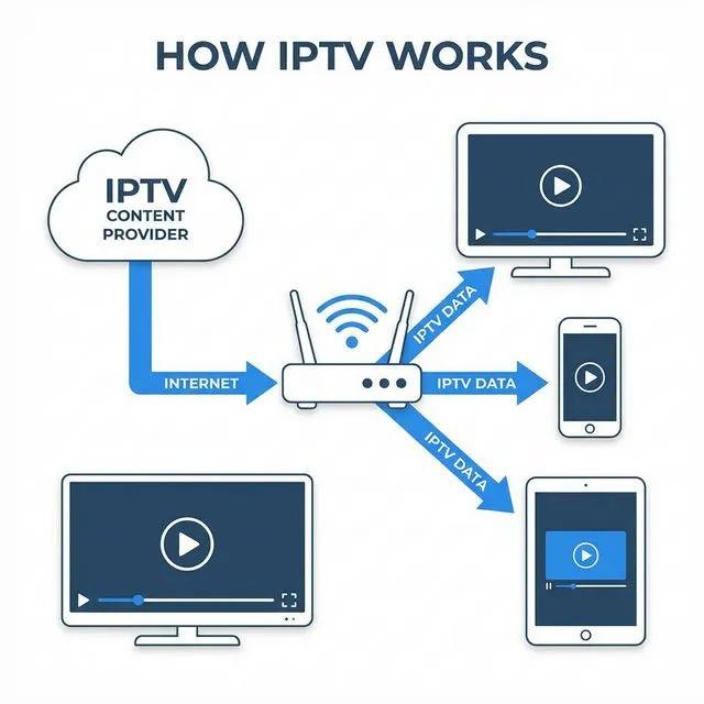 Diagram over router og trådløs signalfordeling til IPTV streaming enheder i hjemmet